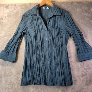 St John Bay Womens L Crinkle Button Front Tunic Shirt Boho Casual Textured